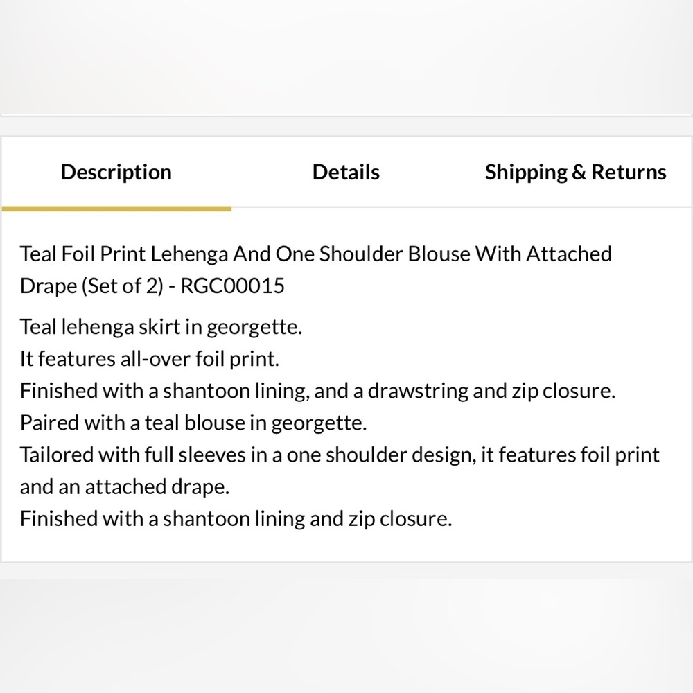 Teal Foil Print Lehenga & One Shoulder Blouse With Attached Drape — Size Medium - Picture 10 of 15